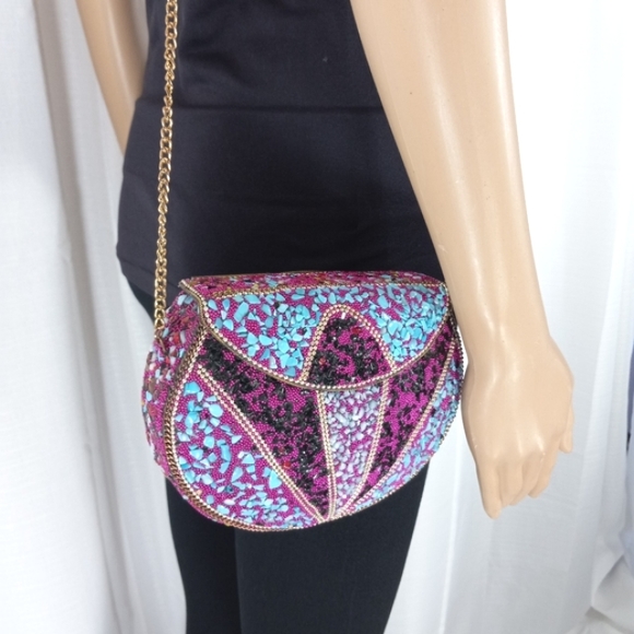 VINTAGE Handmade INDIAN Stones & Beads Mosaic Over Metal Top Flap Crossbody EUC - Picture 5 of 15